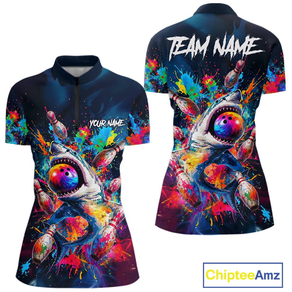 Women's quarter-zip bowling jersey featuring vibrant splatter shark design with bowling elements, custom tournament apparel for bowling teams, casual leagues and unique bowling gifts, representing fun, creativity and competitive spirit.