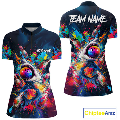 Women's quarter-zip bowling jersey featuring vibrant splatter shark design with bowling elements, custom tournament apparel for bowling teams, casual leagues and unique bowling gifts, representing fun, creativity and competitive spirit.