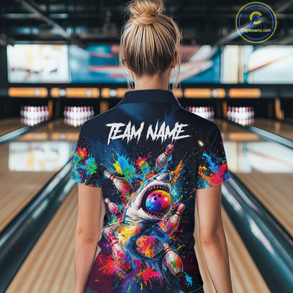 Female bowler wearing colorful funny shark bowling jersey during league play, premium bowling apparel for animal lovers, casual competitors and tournament bowlers, symbolizing fearless attitude, positivity and confidence.
