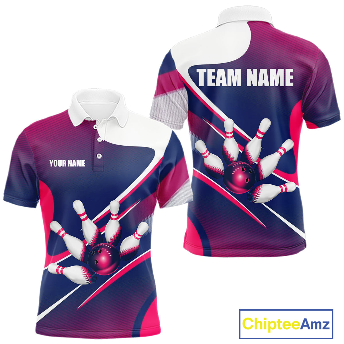 Men's bowling polo featuring white, blue and pink bowling ball with pins, personalized performance bowling apparel for league competitions, bowling clubs, tournaments and custom team uniforms, symbolizing friendship, balance and positive energy.