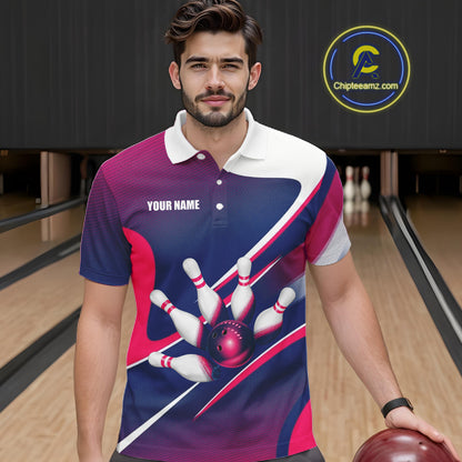 Male bowler wearing white, blue and pink bowling jersey during league tournament, premium bowling apparel for sports enthusiasts, bowling clubs and competitive athletes, symbolizing confidence, sportsmanship and success.