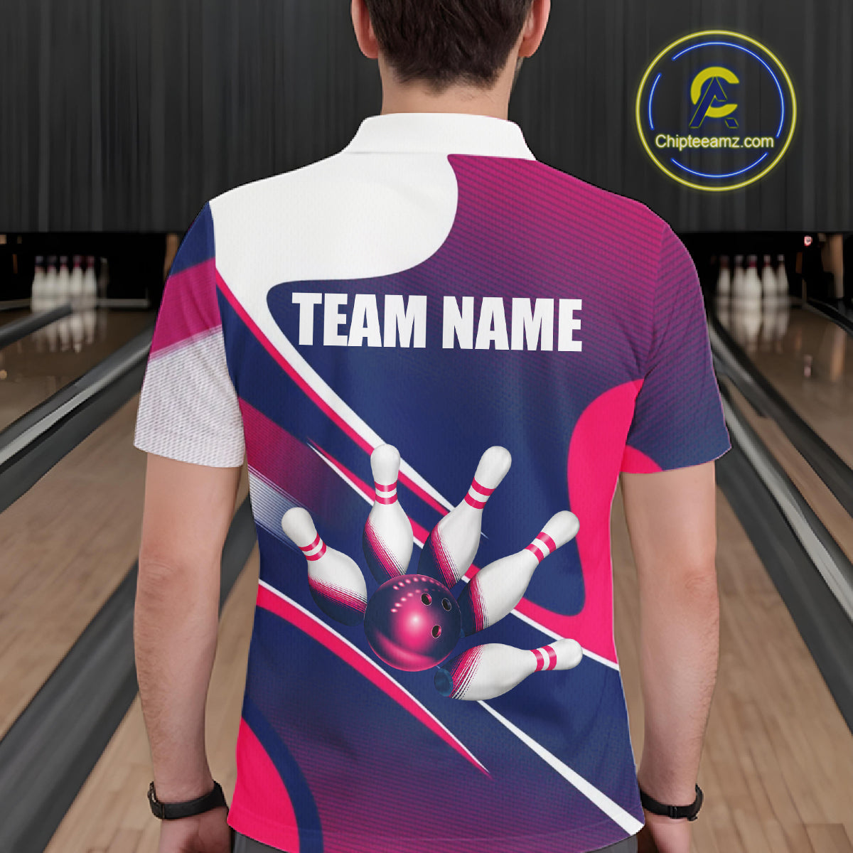 Male bowler wearing white, blue and pink bowling jersey during league tournament, premium bowling apparel for sports enthusiasts, bowling clubs and competitive athletes, symbolizing confidence, sportsmanship and success.