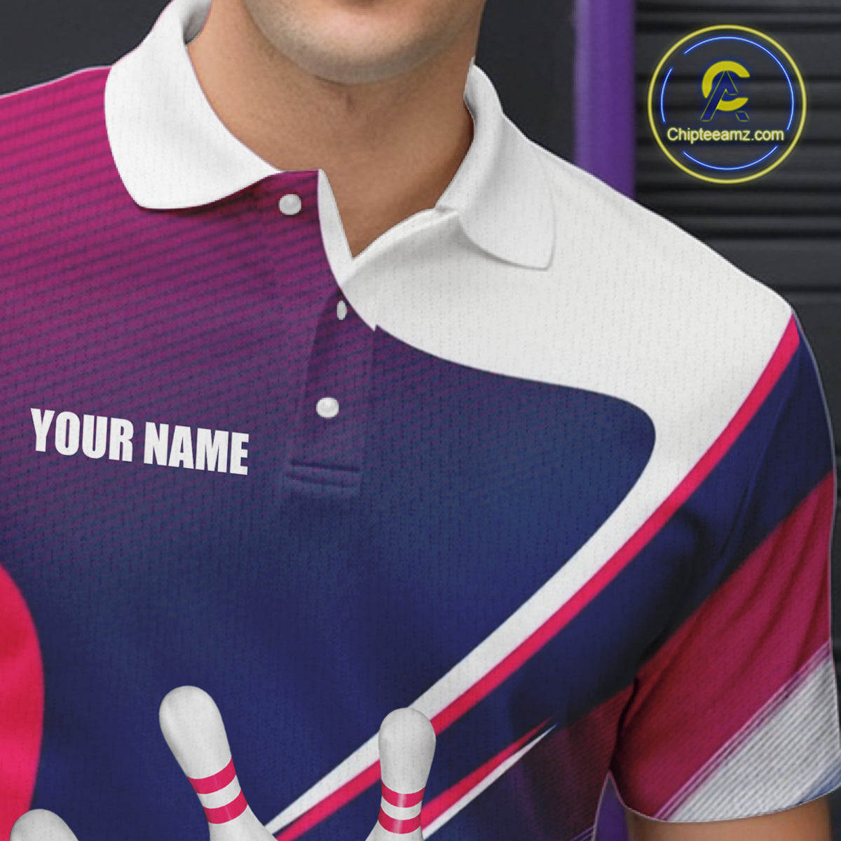 Male bowler wearing white, blue and pink bowling jersey during league tournament, premium bowling apparel for sports enthusiasts, bowling clubs and competitive athletes, symbolizing confidence, sportsmanship and success.