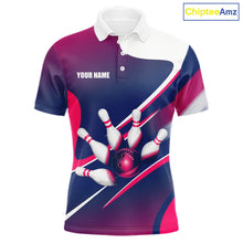 Load image into Gallery viewer, White, Blue And Pink Bowling Ball &amp; Pins Shirt For Men Custom Polo Quarter-Zip Bowling Team Jersey NYN3673