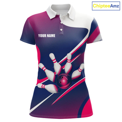 Women's bowling polo featuring white, blue and pink bowling ball and pins, personalized bowling shirt for league bowlers, women's bowling clubs, tournaments and stylish team uniforms, symbolizing friendship, positivity and teamwork.