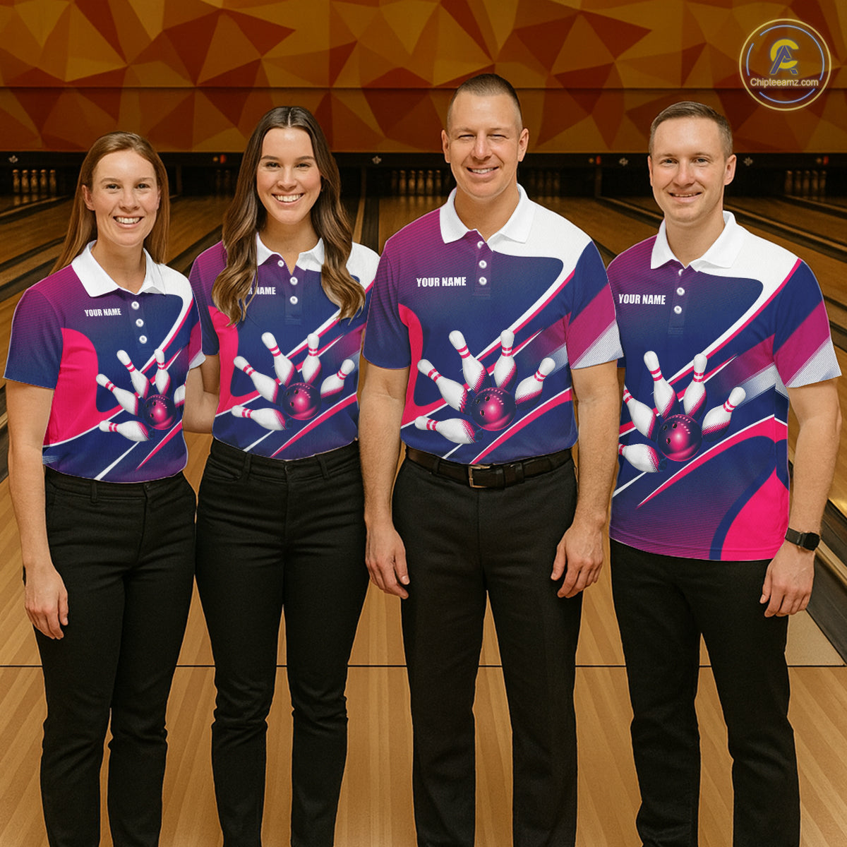 Men women bowling team wearing matching white, blue and pink bowling jerseys during tournaments, personalized uniforms representing teamwork, friendship, unity and championship success.