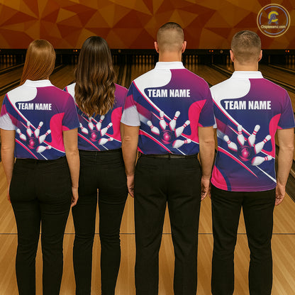 Men women bowling team wearing matching white, blue and pink bowling jerseys during tournaments, personalized uniforms representing teamwork, friendship, unity and championship success.