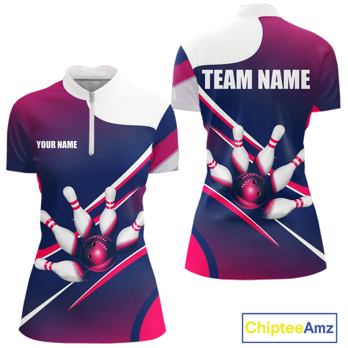 Women's quarter-zip bowling jersey featuring white, blue and pink bowling graphics, premium moisture-wicking apparel for USBC tournaments, bowling leagues and professional team uniforms, representing confidence, balance and performance.