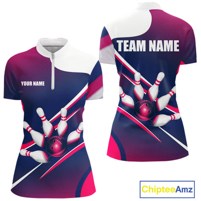 Women's quarter-zip bowling jersey featuring white, blue and pink bowling graphics, premium moisture-wicking apparel for USBC tournaments, bowling leagues and professional team uniforms, representing confidence, balance and performance.
