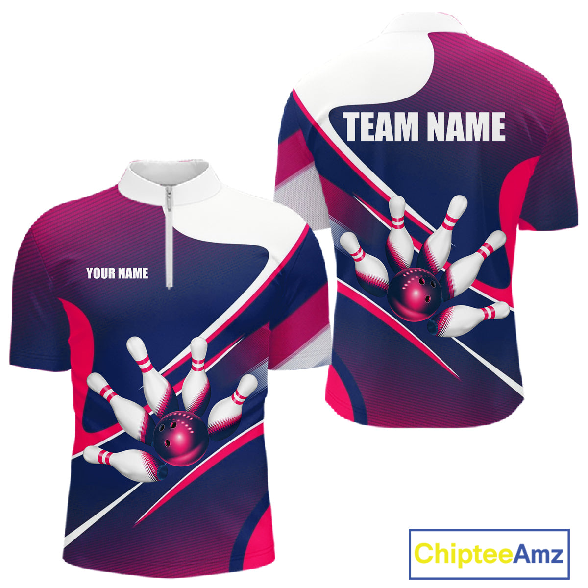Men's quarter-zip bowling jersey featuring white, blue and pink bowling graphics, moisture-wicking bowling apparel for USBC tournaments, bowling leagues and championship team uniforms, representing confidence, teamwork and performance.