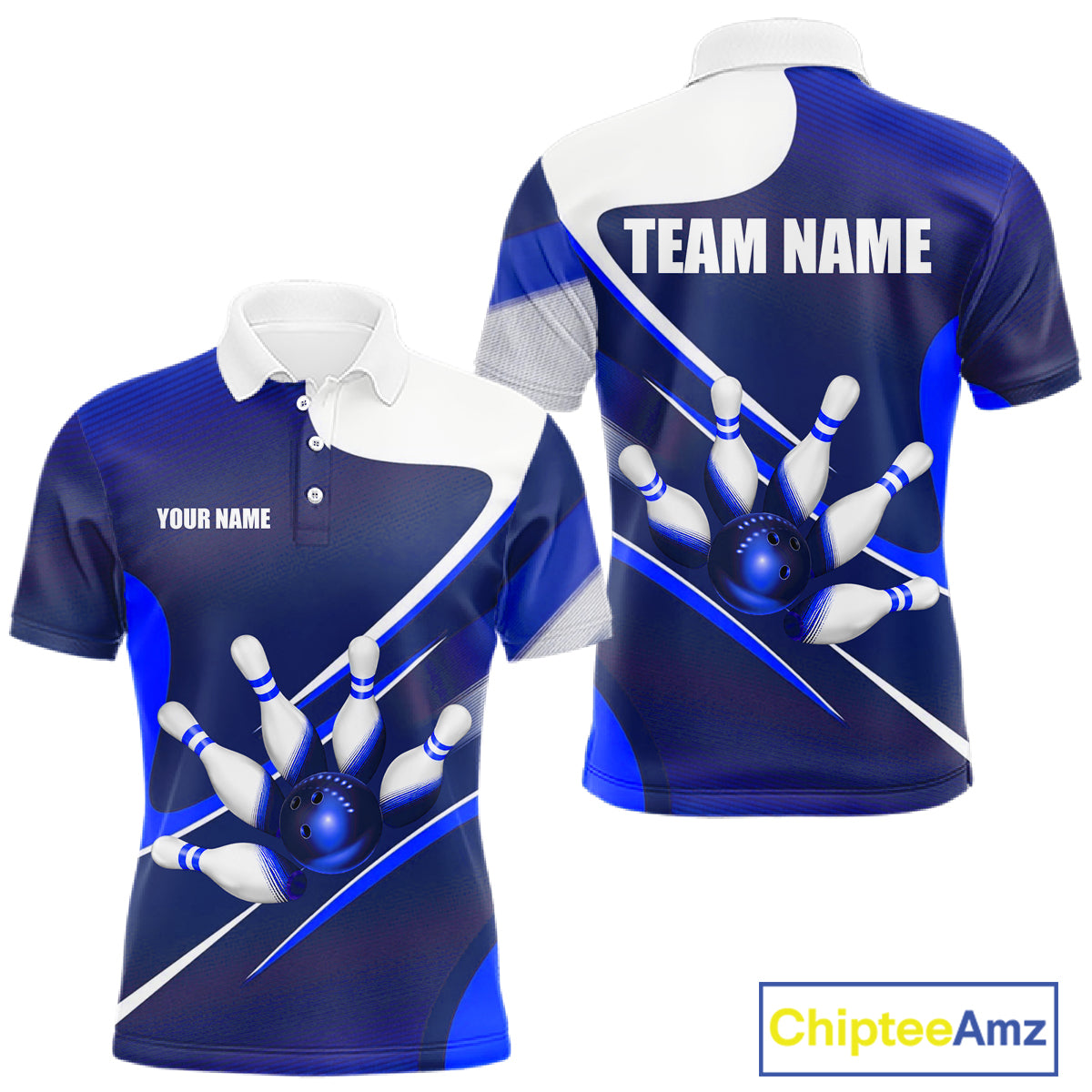 Men's bowling polo featuring white and blue bowling ball and pins, personalized bowling apparel for league championships, USBC tournaments, bowling clubs and custom team uniforms, symbolizing precision, professionalism and competitive excellence.