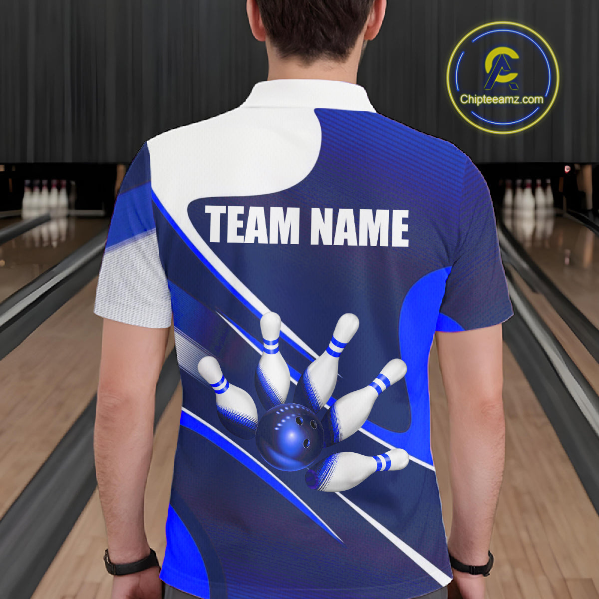 Male bowler wearing white and blue bowling jersey during professional tournament, premium bowling apparel for league champions, bowling enthusiasts and sports clubs, symbolizing discipline, confidence and success.
