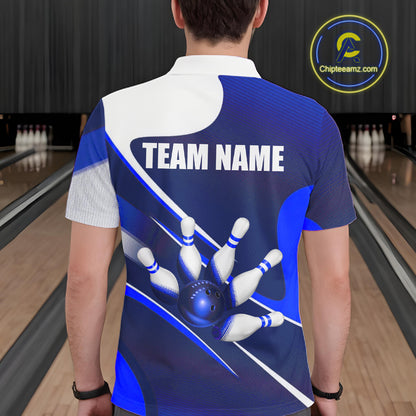 Male bowler wearing white and blue bowling jersey during professional tournament, premium bowling apparel for league champions, bowling enthusiasts and sports clubs, symbolizing discipline, confidence and success.