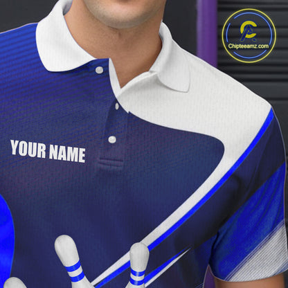 Male bowler wearing white and blue bowling jersey during professional tournament, premium bowling apparel for league champions, bowling enthusiasts and sports clubs, symbolizing discipline, confidence and success.