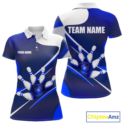 White And Blue Bowling Ball & Pins Shirt For Women Custom Polo Quarter-Zip Bowling Team Jersey NYN3674