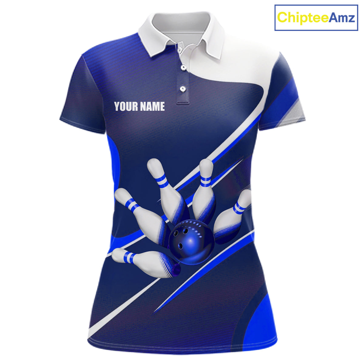 White And Blue Bowling Ball & Pins Shirt For Women Custom Polo Quarter-Zip Bowling Team Jersey NYN3674