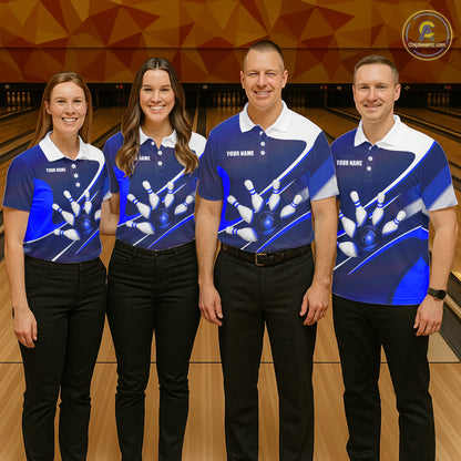 White And Blue Bowling Ball & Pins Shirt For Women Custom Polo Quarter-Zip Bowling Team Jersey NYN3674