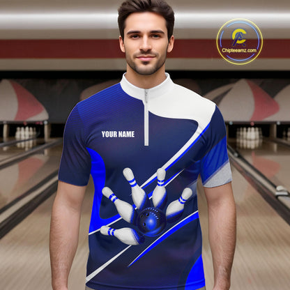 Male bowler wearing white and blue bowling jersey during professional tournament, premium bowling apparel for league champions, bowling enthusiasts and sports clubs, symbolizing discipline, confidence and success.