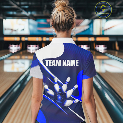 White And Blue Bowling Ball & Pins Shirt For Women Custom Polo Quarter-Zip Bowling Team Jersey NYN3674