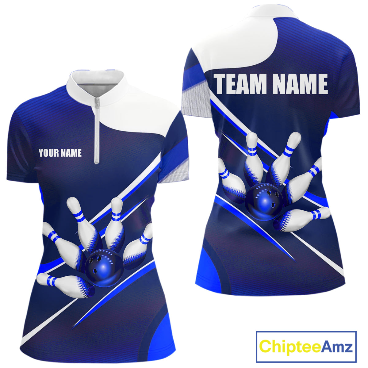 White And Blue Bowling Ball & Pins Shirt For Women Custom Polo Quarter-Zip Bowling Team Jersey NYN3674