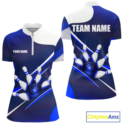 White And Blue Bowling Ball & Pins Shirt For Women Custom Polo Quarter-Zip Bowling Team Jersey NYN3674