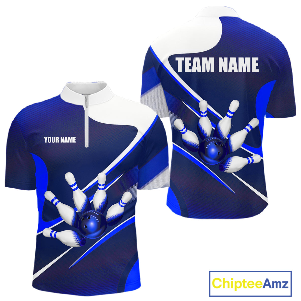 Men's quarter-zip bowling jersey featuring classic white and blue bowling graphics, premium performance bowling apparel for league competitions, bowling tournaments and professional team uniforms, representing focus, consistency and victory.
