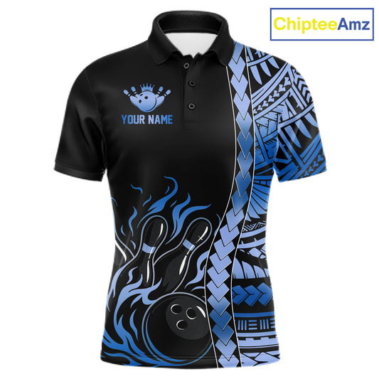 Men's black blue tribal bowling polo, custom bowling apparel, tournament jersey