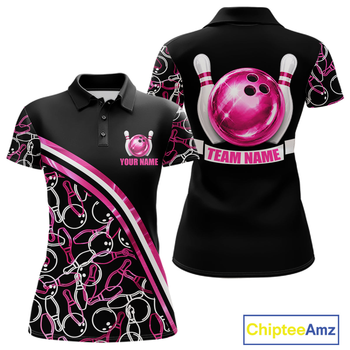 Women's holographic bowling polo, pink bowling pattern, personalized bowling shirt, custom bowling team apparel
