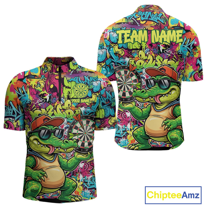 Cool Crocodile Dartboard Graffiti Darts Quarter-Zip Shirt For Men Custom Funny Dart Jerseys NYN1852