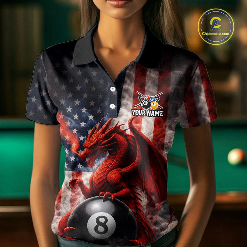 Patriotic Smoke Pool 8 Ball Women's Billiard Team Shirts Custom Dragon Billiard Ball Attire NYN2361