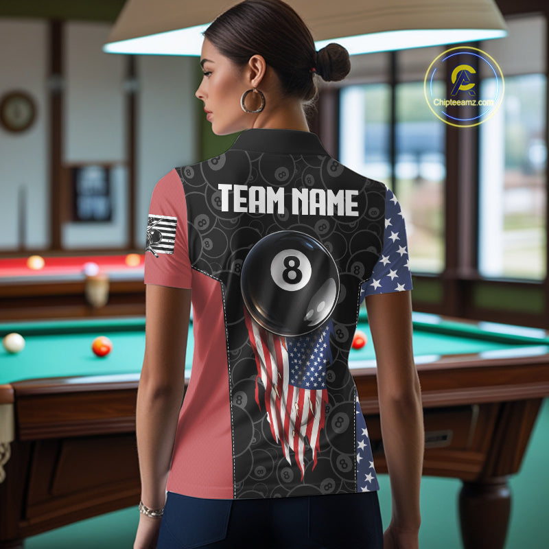 US Flag Pool 8 Ball Women's Billiard Polo & 1/4 Zip Shirt Custom Patriotic Billiard Attire NYN2362