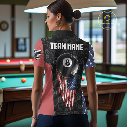 US Flag Pool 8 Ball Women's Billiard Polo & 1/4 Zip Shirt Custom Patriotic Billiard Attire NYN2362