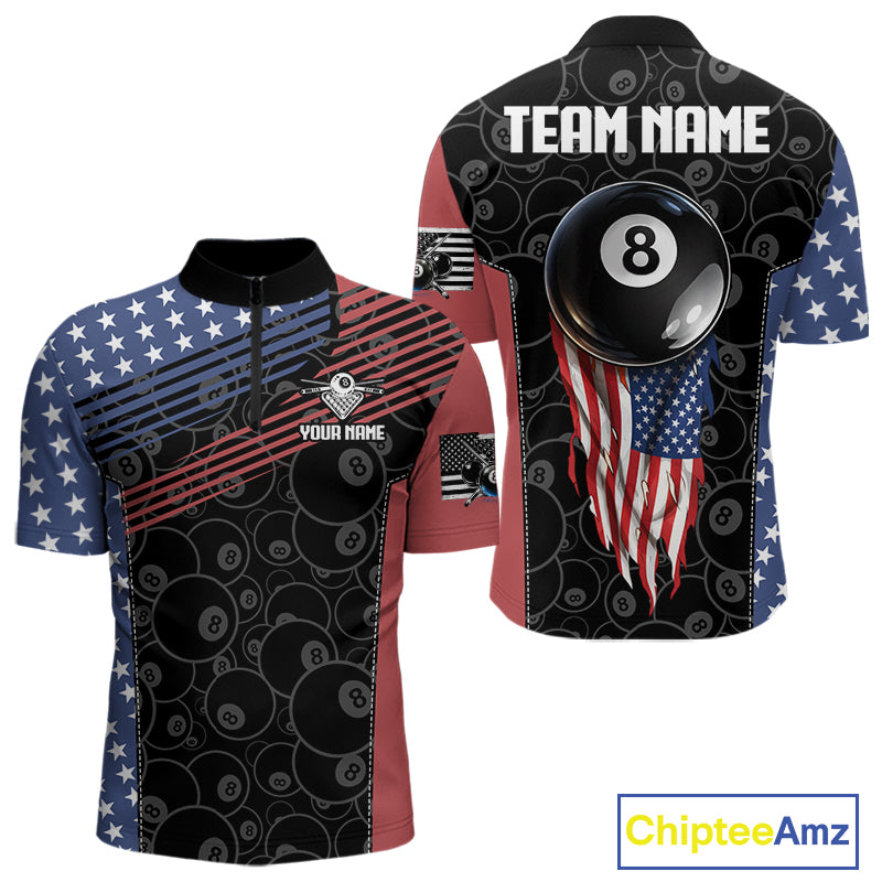 US Flag Pool 8 Ball Men's Billiard Polo & 1/4 Zip Shirt Custom Patriotic Billiard Attire NYN2362