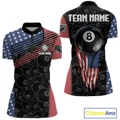 US Flag Pool 8 Ball Women's Billiard Polo & 1/4 Zip Shirt Custom Patriotic Billiard Attire NYN2362
