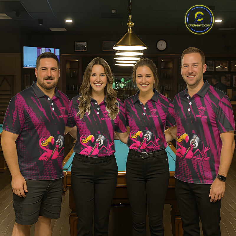 Funny Flamingo Pool Men's Billiard Team Shirts Custom Pink Grunge 8 Ball Billiard Attire NYN2363