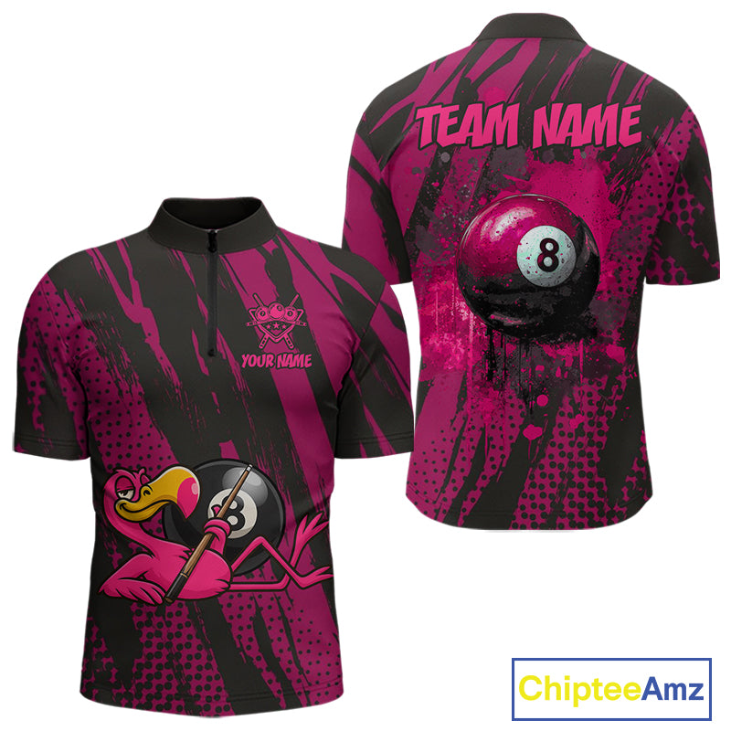 Funny Flamingo Pool Men's Billiard Team Shirts Custom Pink Grunge 8 Ball Billiard Attire NYN2363