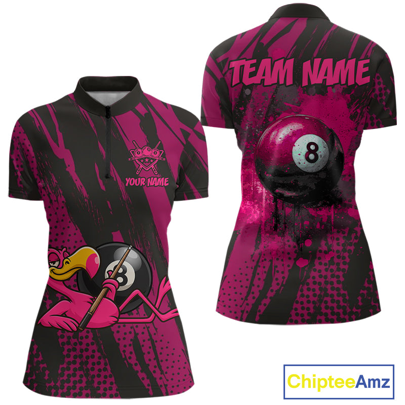 Funny Flamingo Pool Women's Billiard Team Shirts Custom Pink Grunge 8 Ball Billiard Attire NYN2363