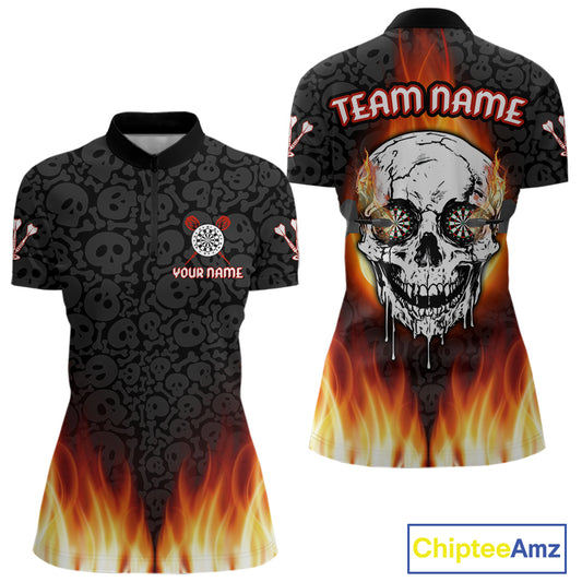 Custom White And Black Flames Skull Dartboard Dart Shirts For Women Dart Team Jerseys NYN0070