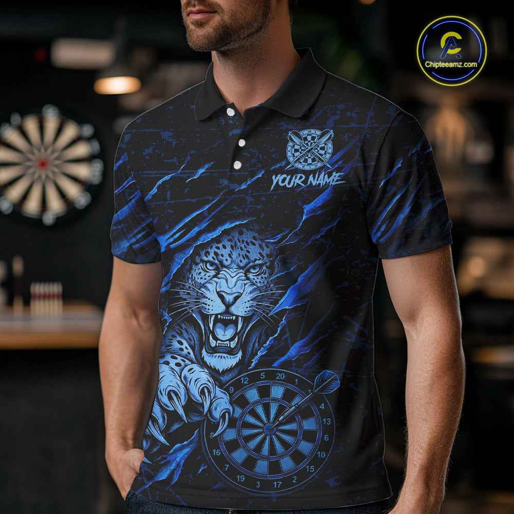 Blue Grunge Funny Tiger Men Dart Polo & 1/4-Zip Shirt Custom Name Tiger Dart Jersey For Darters NYN2973