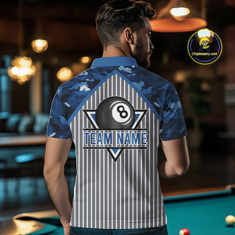 Blue Camouflage 8 Ball Pool Polo & 1/4-Zip Shirt Custom Billiard Shirts For Men Billiard Team Attire NYN2979