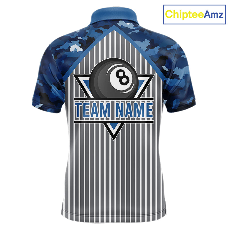 Blue Camouflage 8 Ball Pool Polo & 1/4-Zip Shirt Custom Billiard Shirts For Men Billiard Team Attire NYN2979