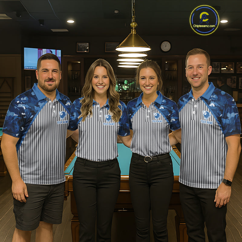 Blue Camouflage 8 Ball Pool Polo & 1/4-Zip Shirt Custom Billiard Shirts For Men Billiard Team Attire NYN2979