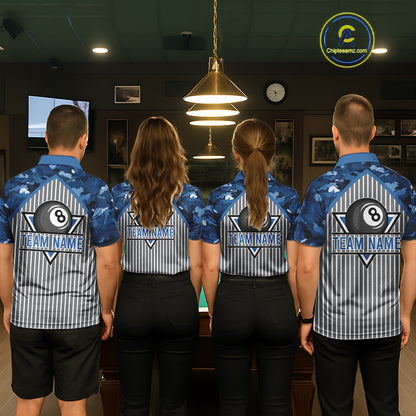 Blue Camouflage 8 Ball Pool Polo & 1/4-Zip Shirt Custom Billiard Shirts For Men Billiard Team Attire NYN2979