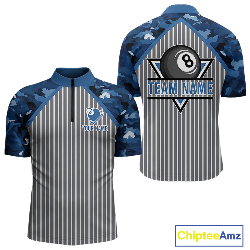 Blue Camouflage 8 Ball Pool Polo & 1/4-Zip Shirt Custom Billiard Shirts For Men Billiard Team Attire NYN2979