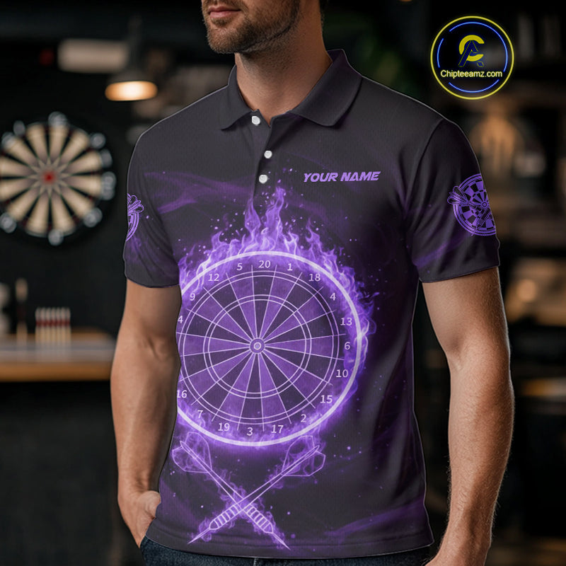 Purple Flames Dartboard & Arrow Custom Men Darts Polo Shirt Fire Flame Dart Jerseys NYN1862