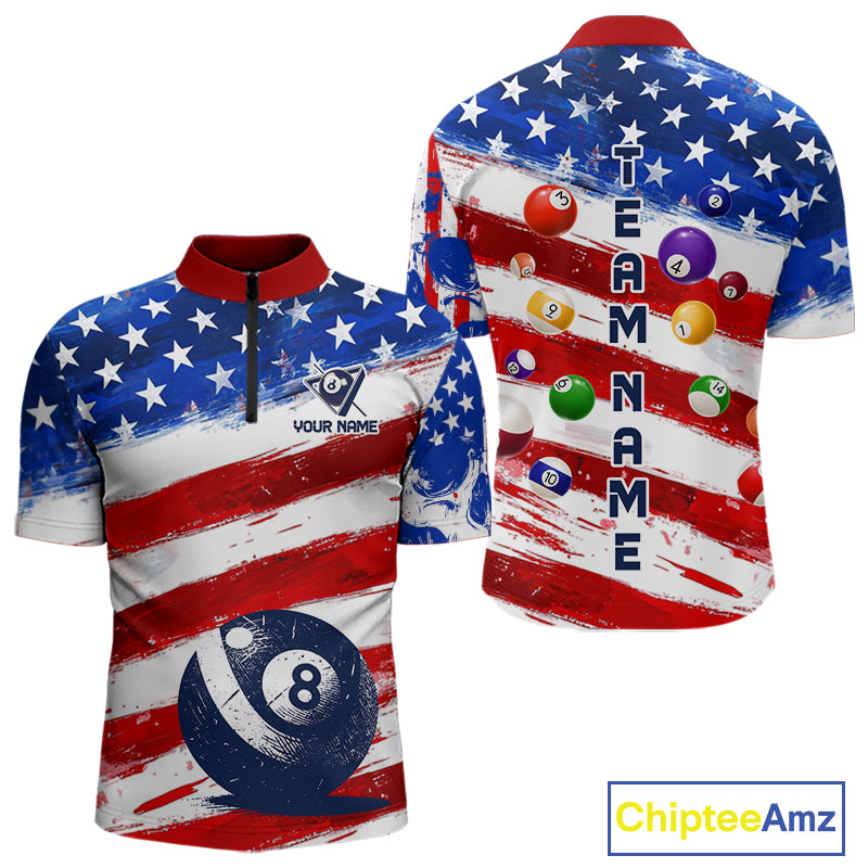 US Flag 8 Ball Pool Men Billiard Team Polo & 1/4-Zip Shirt Custom Billiard Attire Jersey NYN2373