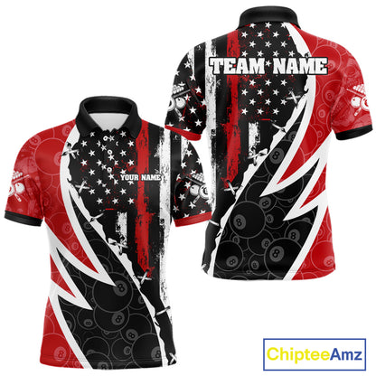 Black & Red US Flag 8 Ball Men Billiard Team Shirt Custom Polo & 1/4-Zip Pool Billiard Attire NYN2377