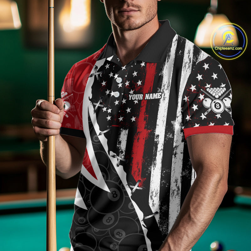 Black & Red US Flag 8 Ball Men Billiard Team Shirt Custom Polo & 1/4-Zip Pool Billiard Attire NYN2377