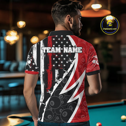 Black & Red US Flag 8 Ball Men Billiard Team Shirt Custom Polo & 1/4-Zip Pool Billiard Attire NYN2377