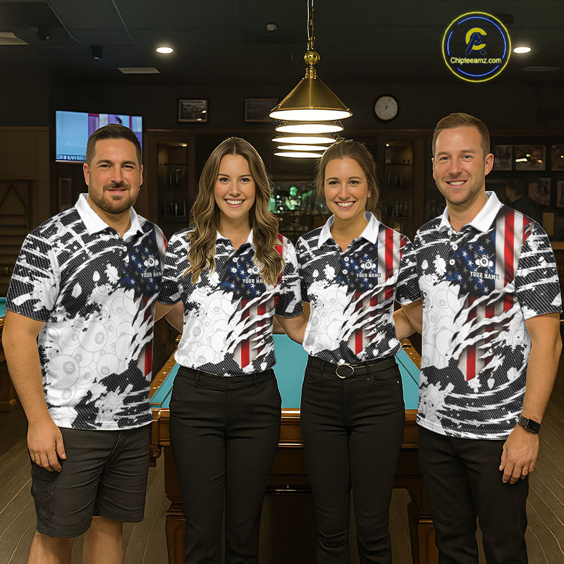 US Flag 8 Ball Women Billiard Team Shirt Custom Patriotic Pool Polo & 1/4-Zip Billiard Attire NYN2378
